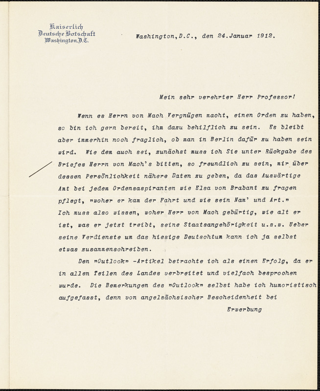 Bernstorff, Johann Heinrich, Graf von, 1862-1939 typed letter signed to Hugo Münsterberg, Washington, D.C., 24 January 1912