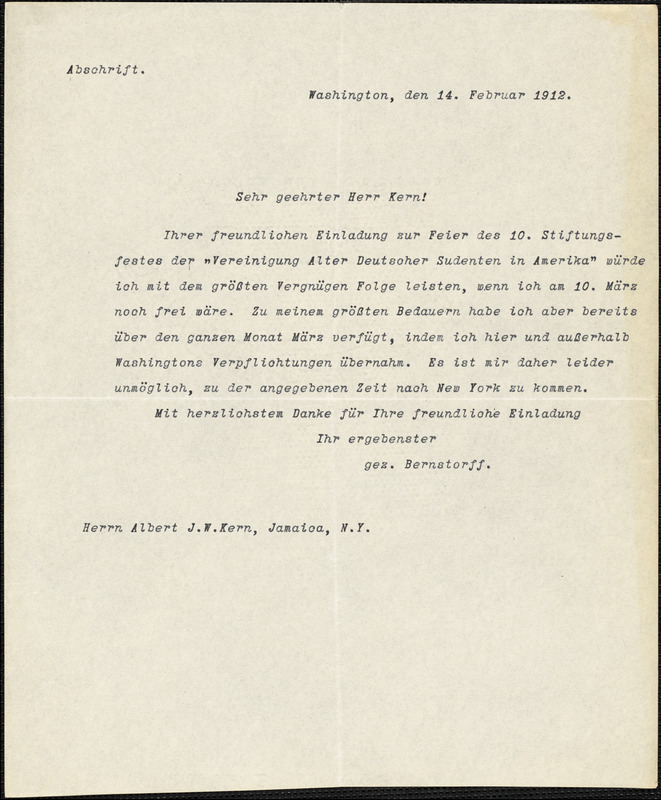 Bernstorff, Johann Heinrich, Graf von, 1862-1939 typed letter signed to Hugo Münsterberg, Washington, D.C., 14 February 1912