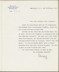 Bernstorff, Johann Heinrich, Graf von, 1862-1939 typed letter signed to Hugo Münsterberg, Washington, D.C., 24 February 1912