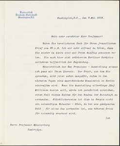 Bernstorff, Johann Heinrich, Graf von, 1862-1939 typed letter signed to Hugo Münsterberg, Washington, D.C., 02 May 1912