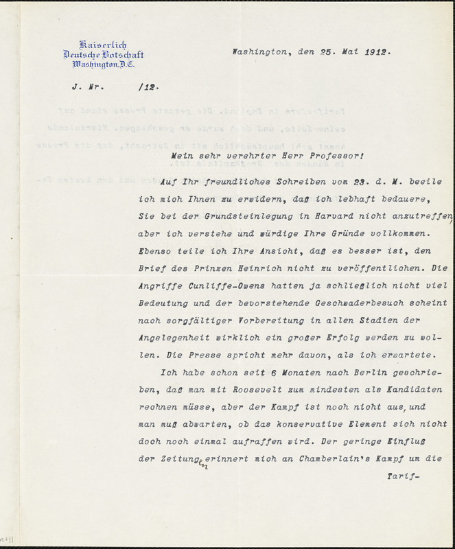 Bernstorff, Johann Heinrich, Graf von, 1862-1939 typed letter signed to Hugo Münsterberg, Washington, D.C., 25 May 1912