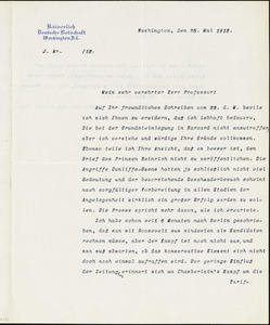 Bernstorff, Johann Heinrich, Graf von, 1862-1939 typed letter signed to Hugo Münsterberg, Washington, D.C., 25 May 1912