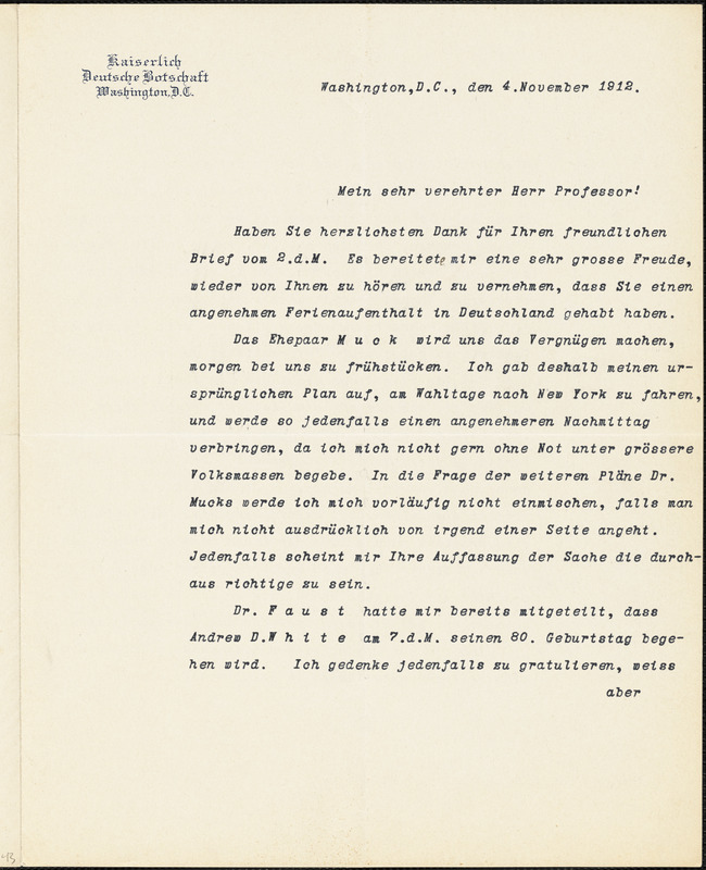 Bernstorff, Johann Heinrich, Graf von, 1862-1939 typed letter signed to Hugo Münsterberg, Washington, D.C., 04 November 1912