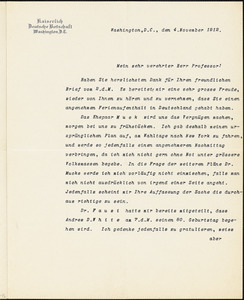 Bernstorff, Johann Heinrich, Graf von, 1862-1939 typed letter signed to Hugo Münsterberg, Washington, D.C., 04 November 1912