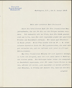 Bernstorff, Johann Heinrich, Graf von, 1862-1939 typed letter signed to Hugo Münsterberg, Washington, D.C., 02 January 1913