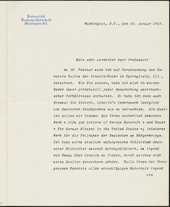 Bernstorff, Johann Heinrich, Graf von, 1862-1939 typed letter signed to Hugo Münsterberg, Washington, D.C., 10 January 1913