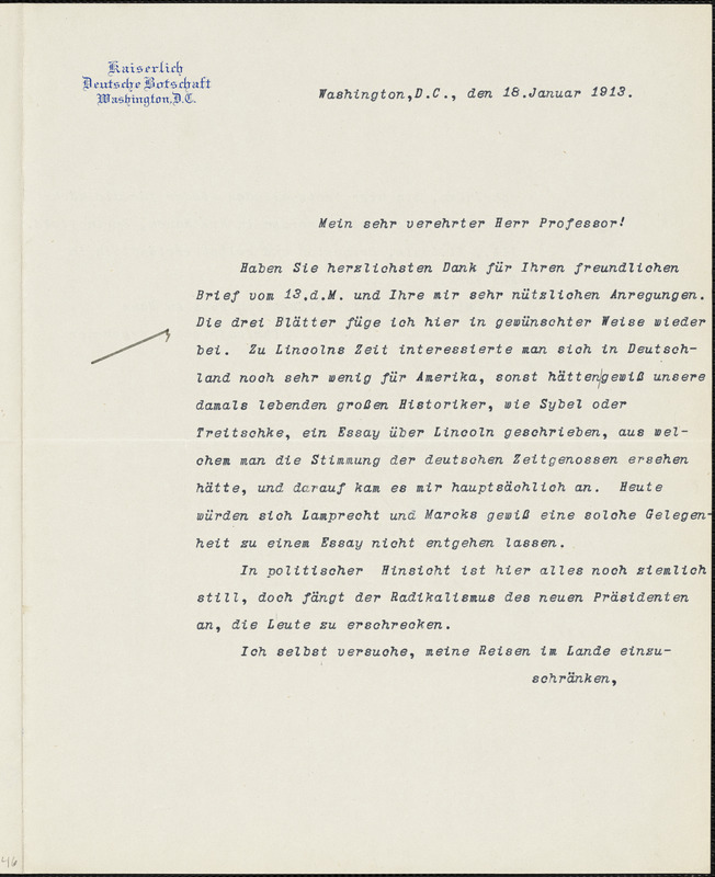 Bernstorff, Johann Heinrich, Graf von, 1862-1939 typed letter signed to Hugo Münsterberg, Washington, D.C., 18 January 1913
