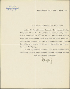 Bernstorff, Johann Heinrich, Graf von, 1862-1939 typed letter signed to Hugo Münsterberg, Washington, D.C., 03 March 1913