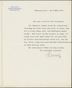 Bernstorff, Johann Heinrich, Graf von, 1862-1939 typed letter signed to Hugo Münsterberg, Washington, D.C., 06 March 1913