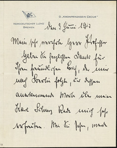 Bernstorff, Johann Heinrich, Graf von, 1862-1939 autograph letter signed to Hugo Münsterberg, S.S. "Kronprizessin Cecilie,", 03 June 1913