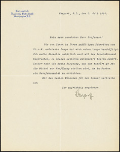 Bernstorff, Johann Heinrich, Graf von, 1862-1939 typed letter signed to Hugo Münsterberg, Newport, R.I., 05 July 1913