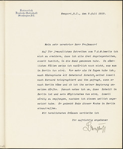 Bernstorff, Johann Heinrich, Graf von, 1862-1939 typed letter signed to Hugo Münsterberg, Newport, R.I., 09 July 1913