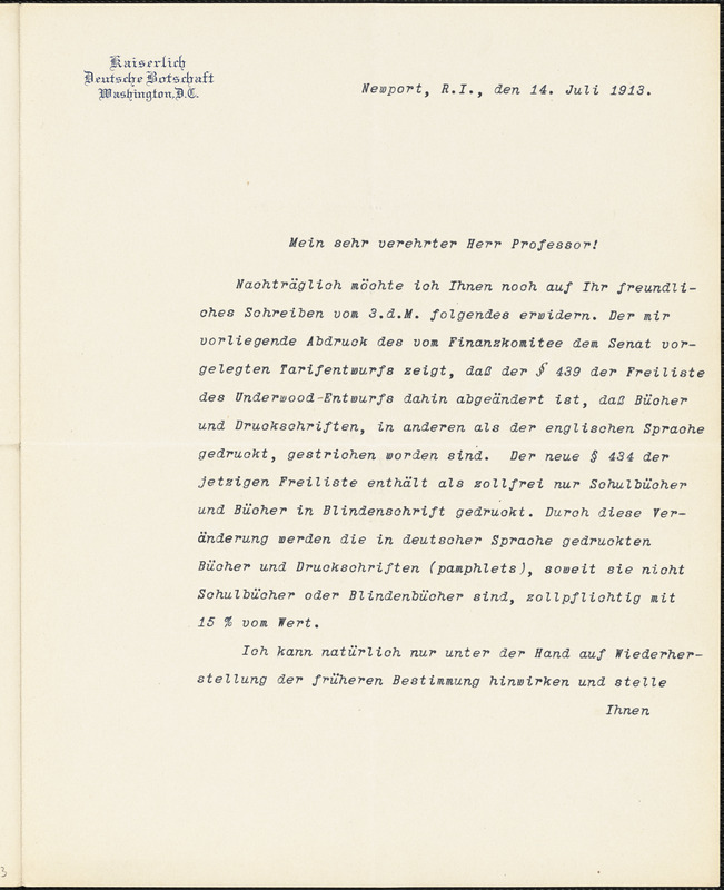 Bernstorff, Johann Heinrich, Graf von, 1862-1939 typed letter signed to Hugo Münsterberg, Newport, R.I., 14 July 1913