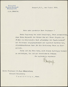 Bernstorff, Johann Heinrich, Graf von, 1862-1939 typed letter signed to Hugo Münsterberg, Newport, R.I., 02 July 1914