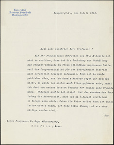 Bernstorff, Johann Heinrich, Graf von, 1862-1939 typed letter signed to Hugo Münsterberg, Newport, R.I., 02 July 1914