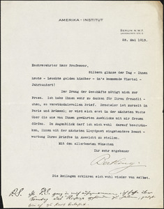 Bertling, Karl O., fl. 1912 typed letter signed to Hugo Münsterberg, Berlin, 23 May 1913