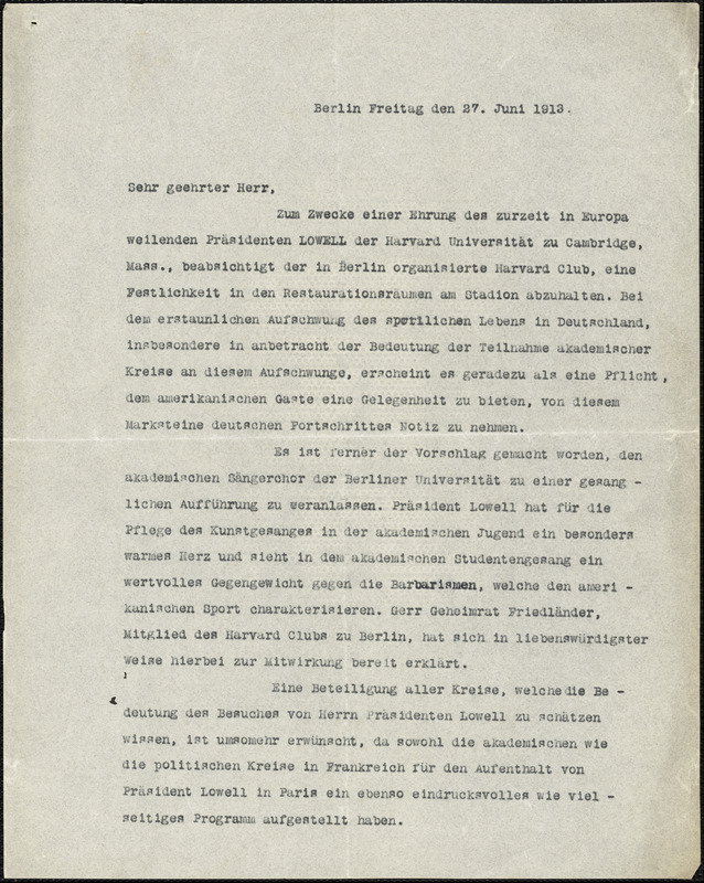 Bertling, Karl O., fl. 1912 autograph letter signed to Hugo Münsterberg, Berlin, 27 June 1913