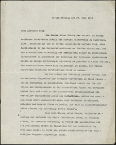 Bertling, Karl O., fl. 1912 autograph letter signed to Hugo Münsterberg, Berlin, 27 June 1913