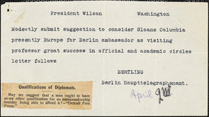 Bertling, Karl O., fl. 1912 telegram (copy) to Woodrow Wilson, Berlin, 2 April 1913