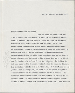 Bertling, Karl O., fl. 1912 typed letter signed to Hugo Münsterberg, Berlin, 25 November 1912