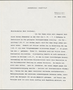 Bertling, Karl O., fl. 1912 typed letter signed to Hugo Münsterberg, Berlin, 13 March 1913