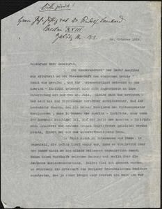 [Bertling, Karl O., fl. 1912?] typed letter to Herr Geheimrat, [Berlin?], 25 October 1913