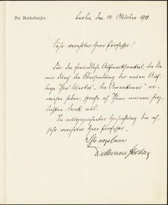 Bethmann-Hollweg, Theobald von, 1856-1921 manuscript letter signed to Hugo Münsterberg, Berlin, 14 October 1911