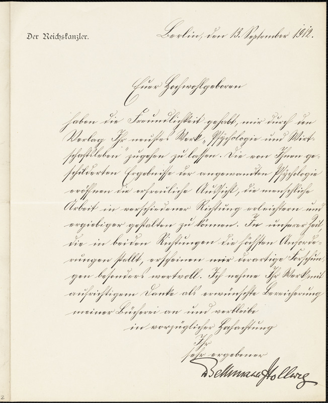 Bethmann-Hollweg, Theobald von, 1856-1921 manuscript letter signed to Hugo Münsterberg, Berlin, 13 September 1912