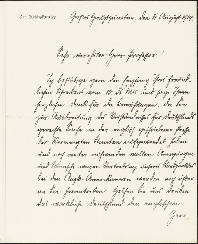 Bethmann-Hollweg, Theobald von, 1856-1921 manuscript letter signed to Hugo Münsterberg, Grosses Hauptquartier, 31 August 1914