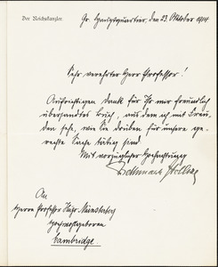 Bethmann-Hollweg, Theobald von, 1856-1921 manuscript letter signed to Hugo Münsterberg, Grosses Hauptquartier, 23 October 1914