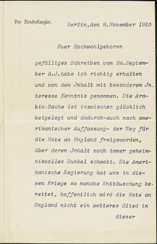 Bethmann-Hollweg, Theobald von, 1856-1921 typed letter signed to Hugo Münsterberg, Berlin, 08 November 1915