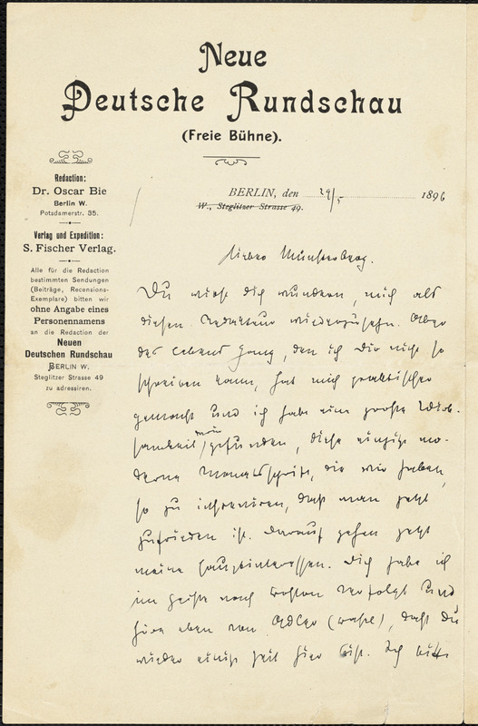 Bie, Oskar, 1864-1938 autograph letter signed to Hugo Münsterberg, Berlin, 29 May 1896
