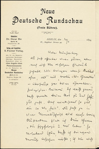 Bie, Oskar, 1864-1938 autograph letter signed to Hugo Münsterberg, Berlin, 26 June 1896