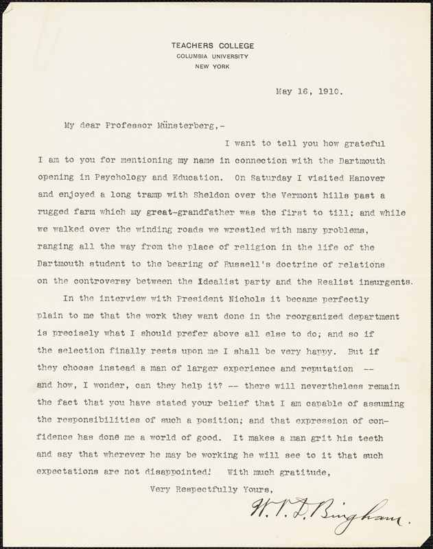 Bingham, Walter Van Dyke, 1880-1952 typed letter signed to Hugo Münsterberg, New York, 16 May 1910