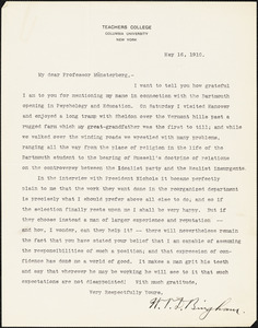 Bingham, Walter Van Dyke, 1880-1952 typed letter signed to Hugo Münsterberg, New York, 16 May 1910