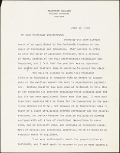 Bingham, Walter Van Dyke, 1880-1952 typed letter signed to Hugo Münsterberg, New York, 17 June 1910