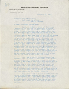 Bingham, Walter Van Dyke, 1880-1952 typed letter signed to Hugo Münsterberg, Hanover, N.H., 18 February 1911
