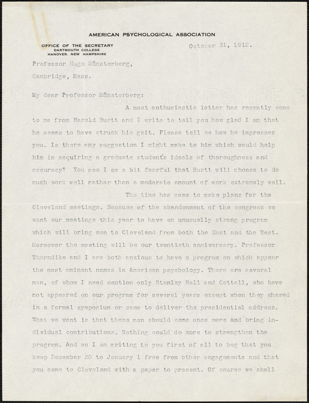 Bingham, Walter Van Dyke, 1880-1952 typed letter signed to Hugo Münsterberg, Hanover, N.H., 31 October 1912