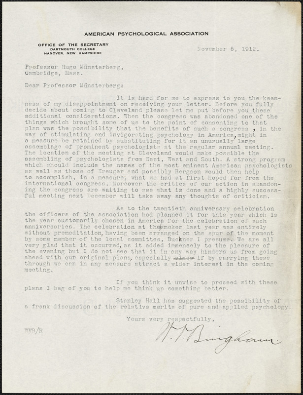 Bingham, Walter Van Dyke, 1880-1952 typed letter signed to Hugo Münsterberg, Hanover, N.H., 05 November 1912