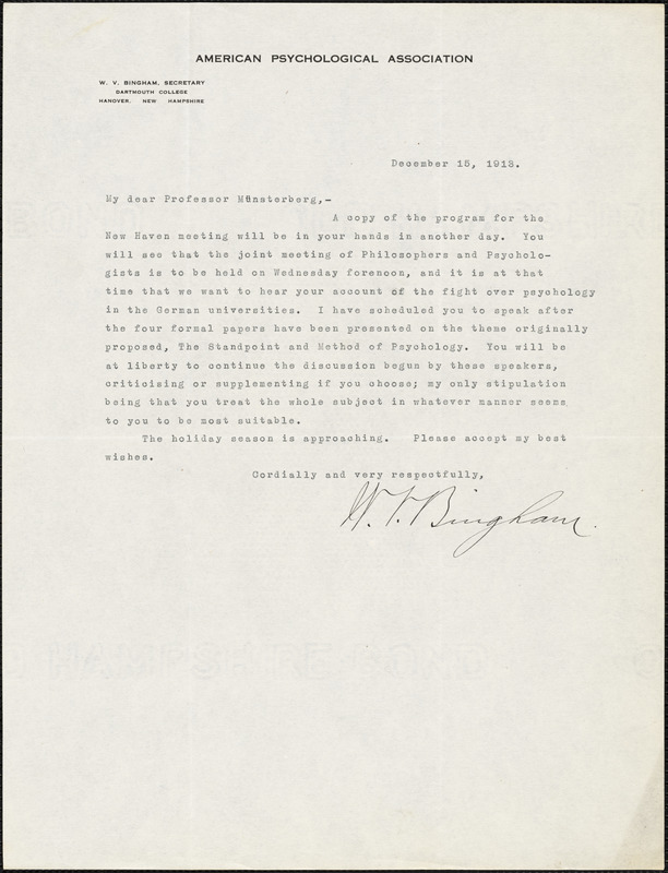 Bingham, Walter Van Dyke, 1880-1952 typed letter signed to Hugo Münsterberg, Hanover, N.H., 15 December 1913
