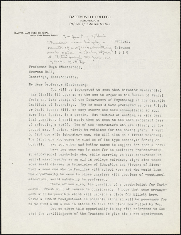 Bingham, Walter Van Dyke, 1880-1952 typed letter signed to Hugo Münsterberg, Hanover, N.H., 13 February 1915