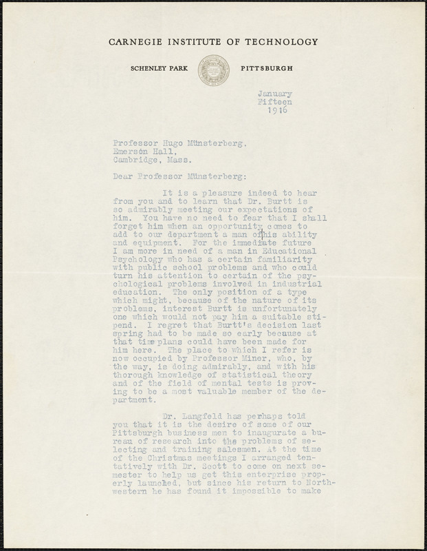 Bingham, Walter Van Dyke, 1880-1952 typed letter signed to Hugo Münsterberg, Pittsburgh, 15 January 1916