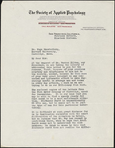 Blackburne, H A, fl. 1916 typed letter signed to Hugo Münsterberg, San Francisco, 07 February 1916