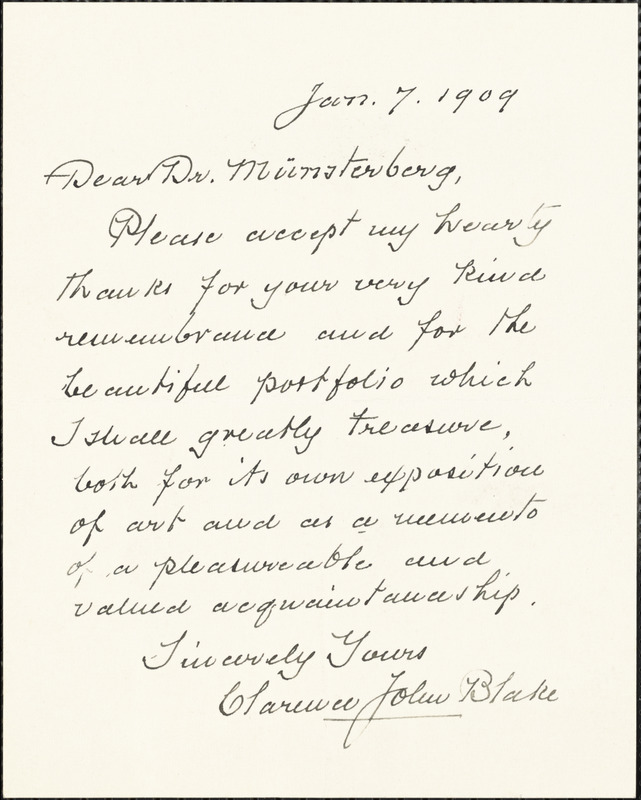 Blake, Clarence J. (Clarence John), d. 1919 autograph note signed to Hugo Münsterberg, Boston, 07 January 1909