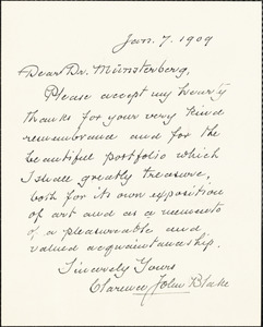 Blake, Clarence J. (Clarence John), d. 1919 autograph note signed to Hugo Münsterberg, Boston, 07 January 1909