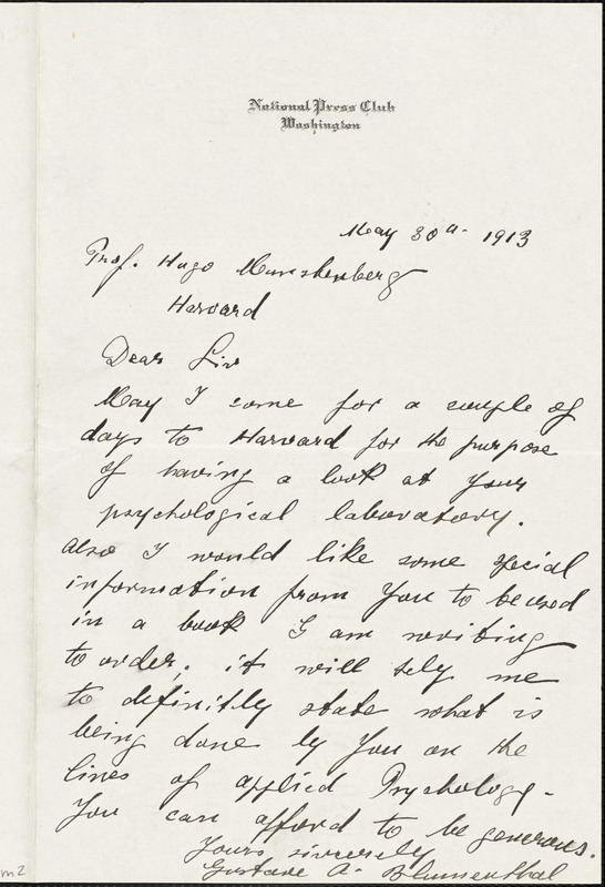 Blumenthal, Gustave Adolph, 1867- autograph letter signed to Hugo Münsterberg, Washington, 30 May 1913