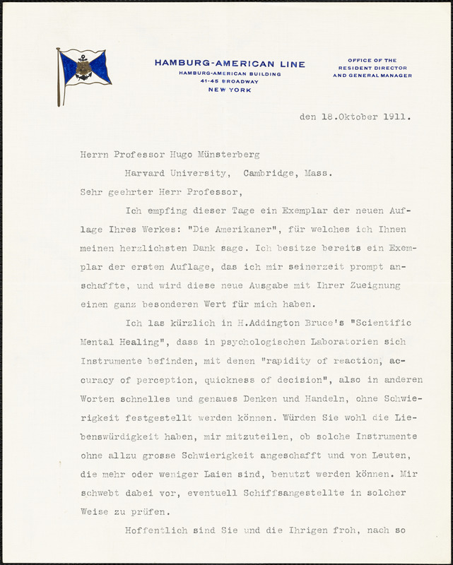 Boas, Emil Leopold, 1854-1912 typed letter signed to Hugo Münsterberg, New York, 18 October 1911