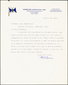 Boas, Emil Leopold, 1854-1912 typed letter signed to Hugo Münsterberg, New York, 25 October 1911