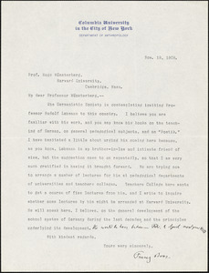 Boas, Franz, 1858-1942 typed letter signed to Hugo Münsterberg, New York, 19 November 1909