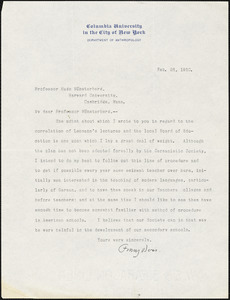Boas, Franz, 1858-1942 typed letter signed to Hugo Münsterberg, New York, 26 February 1910
